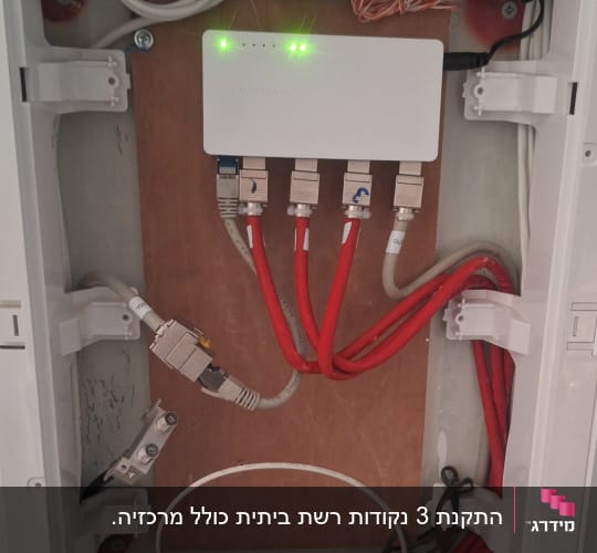 ארון תקשורת עם כבלים אדומים ולבנים מחוברים לנתב